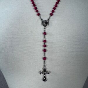 Vtg red wood beaded rosary 15.5" Romantic gothic jewelry Castle core Renaissance